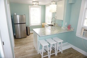 Fully stocked kitchen with quartzite countertops!