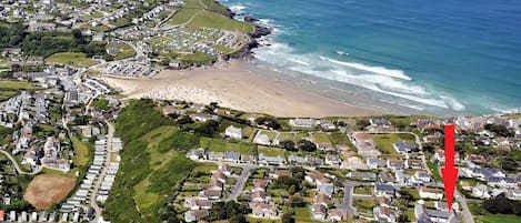 Aerial view of Polzeath beath