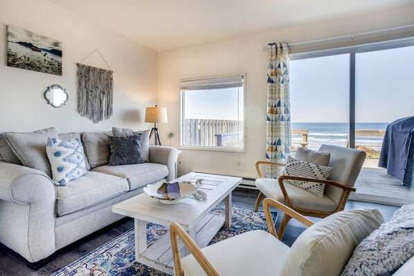 Enjoy the ocean views from this comfy living area.