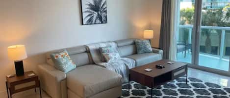 Spacious lving area with brand new Italian leather couch/ tons of natural light