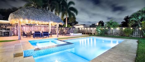 Private backyard with heated salt water pool and hot tub. You'll have this all to yourself.