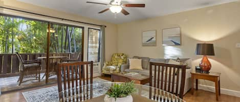 Extra spacious living room facing tropical gardens courtyard