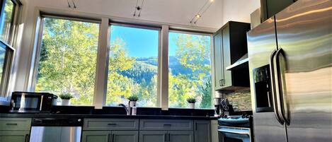 Cooking with a view!  Spacious kitchen with picture windows and vaulted ceiling.