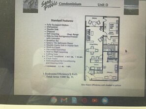 Floor plan of 3 Bedroom Condo, with 2 kitchen areas and 2 baths