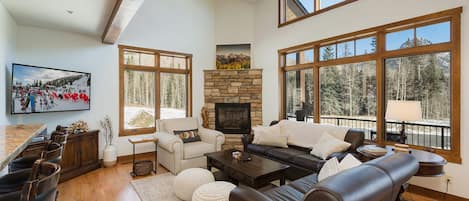 Main Living Space - TV, Gas Fireplace, Deck and views