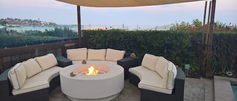 Outdoor seating with Ocean View and heaters