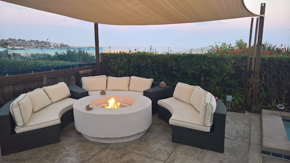 Outdoor seating with Ocean View and heaters