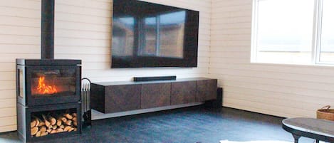 Fire place and 85" TV