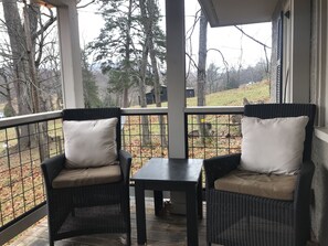 Front porch looks over at horses, Old Rag and across fields to mountians