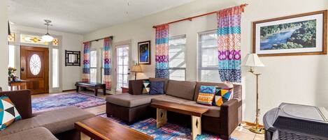 Beautiful stained-glass transom casts a warm glow on this downtown New Braunfels vacation rental.