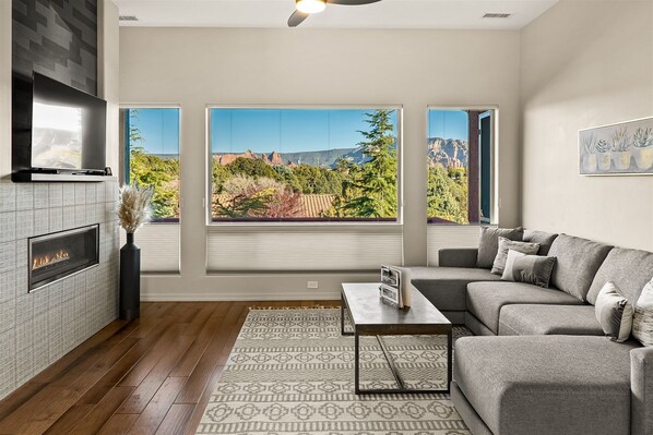Beautiful gas fireplace with large flat screen tv