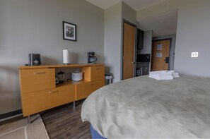 The cozy studio has a drip-style coffee maker, toaster, blender, and coffee maker.