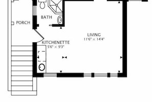 Floorplan of studio at front of house.
Go up the stairs and first door on the right.