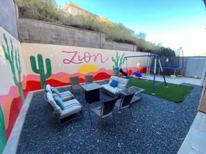 Firepit, mural, playground, tramp