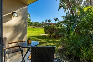 Tropical lanai setting with large grassy area