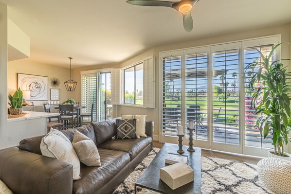 Living room with golf course view