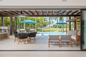 Spacious private terrace with pool, sun loungers, dining area & BBQ grill 
