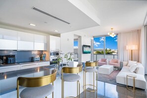 The condo is outfitted with new high-end appliances and furniture