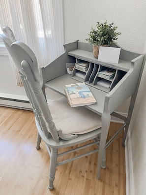 Our adorable desk for work or creativity.  We provide notecards & stamps!