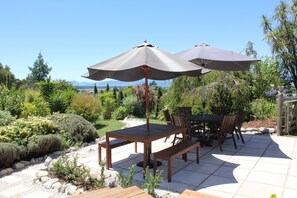 Outdoor courtyard with multiple dining options