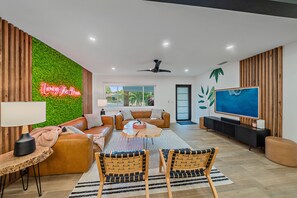 The front door leads right into the incredible living room space.