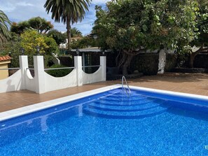 Large heated private salt water swimming pool in a spectacular setting