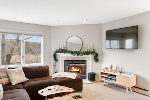 Fireplace, plush brown couch, Olive wood coffee table and touch of indoor nature