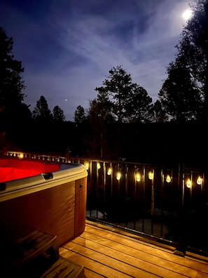 Soak under the stars in our 6 person hot tub on the peaceful back deck. 