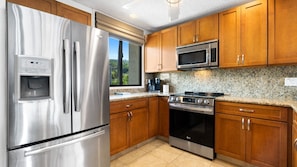 Fully equipped with stainless steel appliances and has all of the dishes and utensils you will need