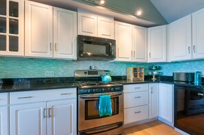 Kitchen with stainless steal appliances.