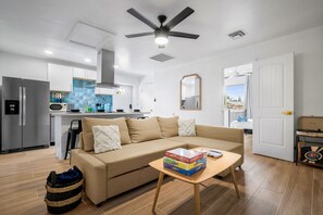 The couch pulls out into a queen size bed to allow for more guests