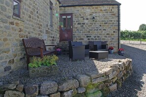 Sunny patio at Mistle House near Galphay in Nidderdale AONB