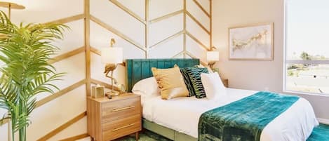 [King Suite] - memory foam mattress,  memory foam and down pillows, green and gold accents, high ceilings, city and mountain views