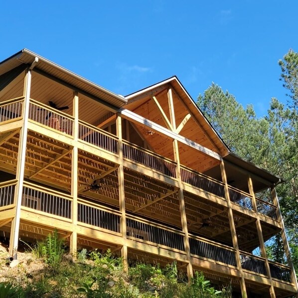 River side of cabin up in the trees!