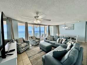 Great views from living room, dining table, and kitchen. Both chairs will swivel