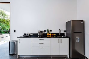 kitchen with induction stove, fridge and freezer