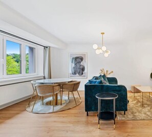 Spacious living area with stylish decor and pet-friendly options available.