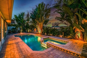 Out door heated pool with spa. 