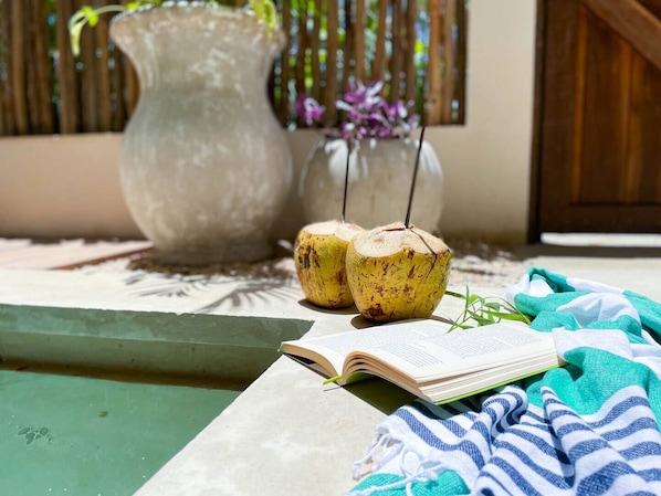 Savor a refreshing coco frio while enjoying the private plunge pool
