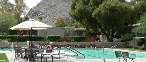 Heated Pool area has views of Camelback and plenty of sunbathing area