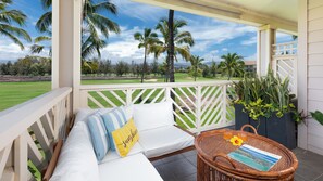 Enjoy the views of the golf course and the Mauna Kea from your private patio