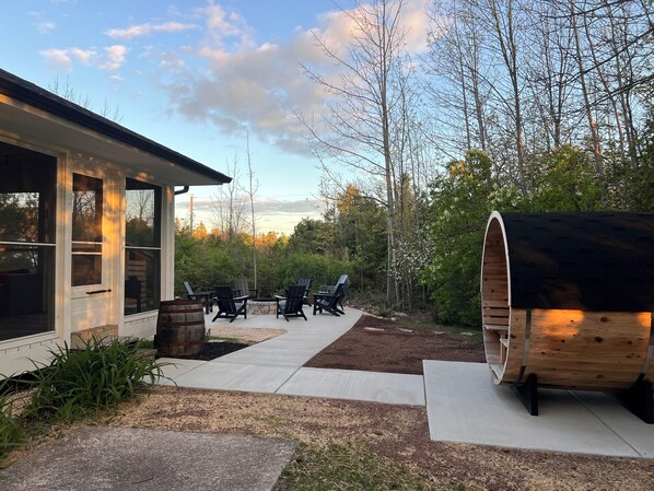 New cement work, firepit and sauna!