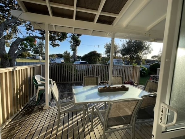 Covered deck overlooking Waipu Cove Campground