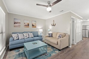 Coastal living room perfect for chilling, + smart TV