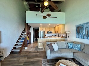Vaulted ceilings give the condo a spacious feel.