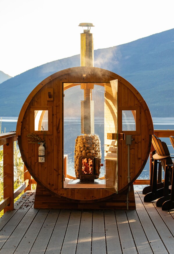 Soak in the views while you heat up the sauna with the provided fire wood