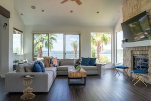 Living room with expansive lake views