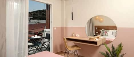 Pink apartment bedroom and balcony