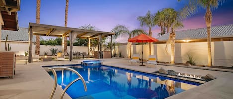 Gorgeous Salt Water Pool and Spa. Pergola with lounge area and dining table. 