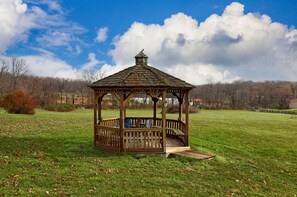 Enjoy this beautiful gazebo with pond view
